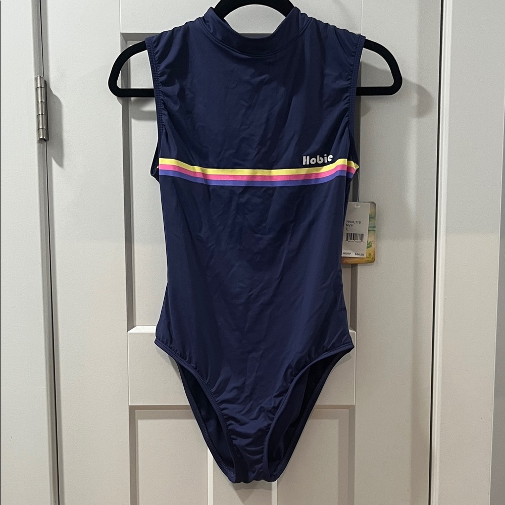 Hobie Navy Surf Swimsuit with Rainbow Stripe NWT Large Lg L